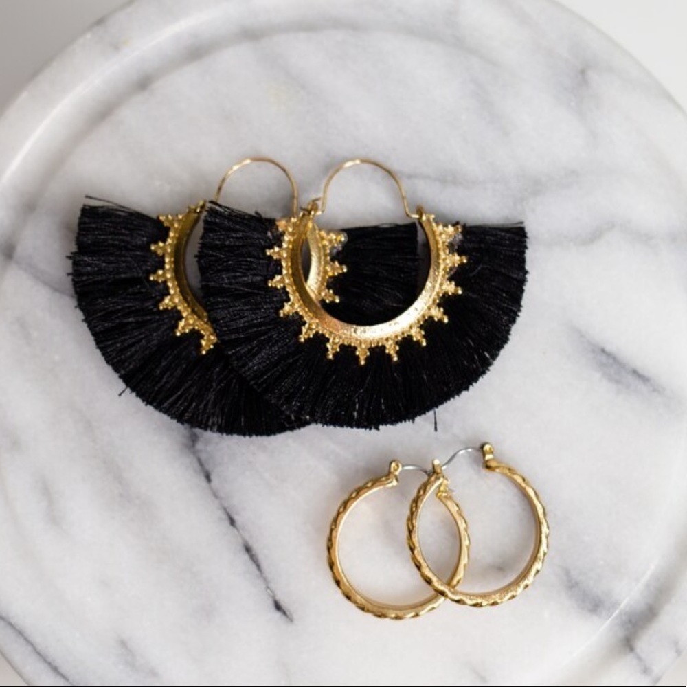 Gold and black fan and hoop earring set
